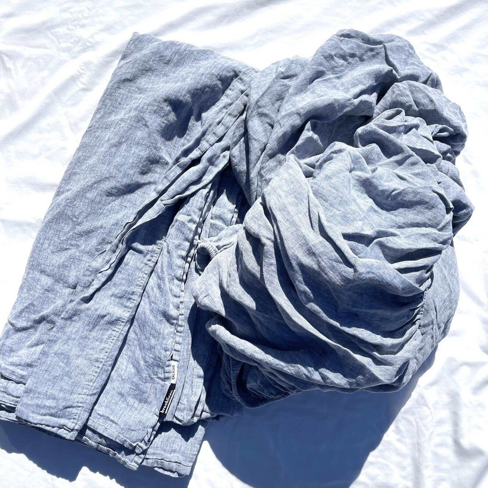 Brooklinen California King Heathered Blue Linen 2 Piece Sheet Set Fitted Flat